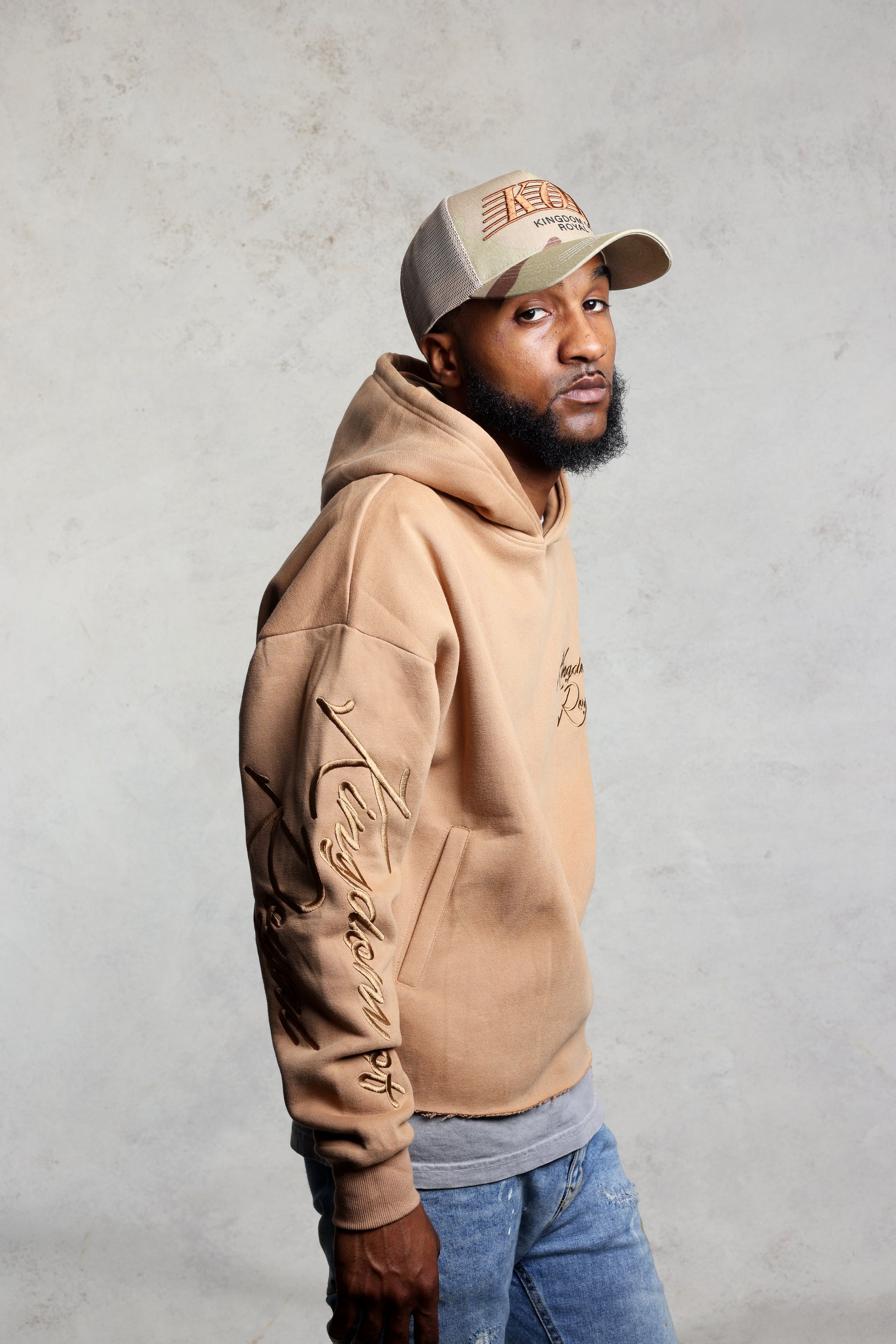 'Kingdom of Royal" Cursive Embroidery Tan